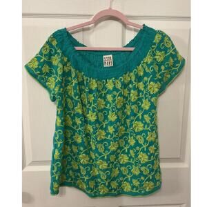 Sister Mary Claudia Floral Short Sleeve Embroidery Green Boho Blouse, S